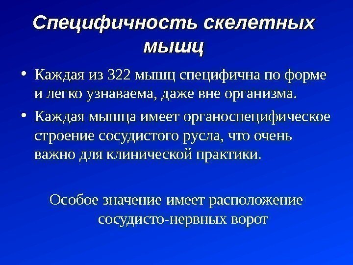 Специфичность скелетных  мышц  • Каждая из 322 мышц специфична по форме и