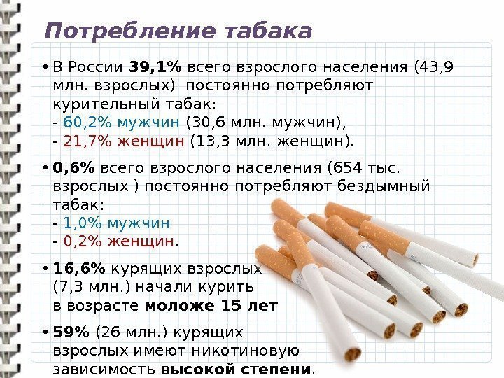 Потребление табака • В России 39, 1 всего взрослого населения (43, 9 млн. взрослых)