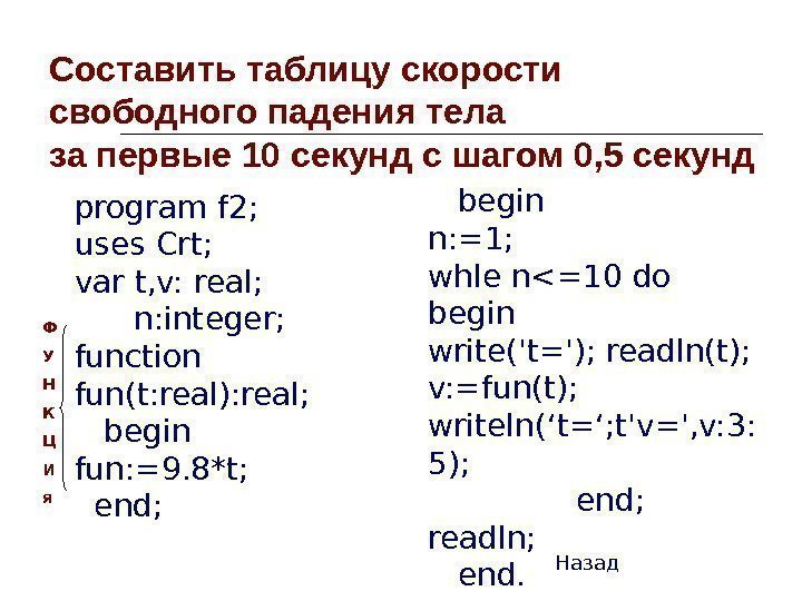 Составить таблицу скорости свободного падения тела за первые 10 секунд с шагом 0, 5