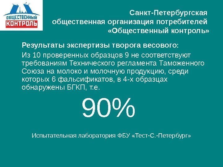   Санкт-Петербургская общественная организация потребителей  «Общественный контроль»  Результаты экспертизы творога весового: