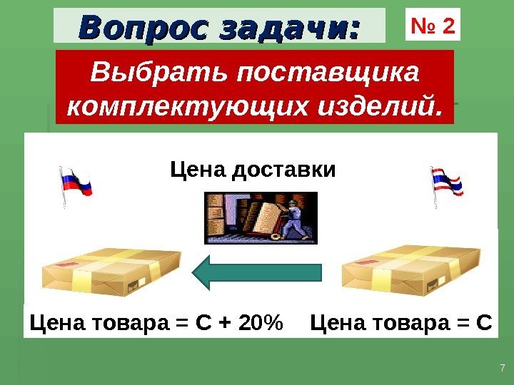 Вопрос задачи: 77№ 2 Выбрать поставщика комплектующих изделий. Цена товара = С + 20