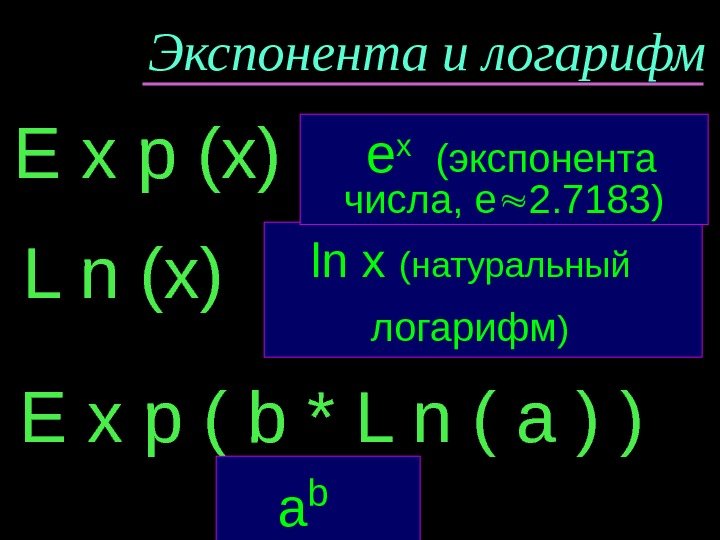 Экспонента и логарифм E x p (x) ln x  (натуральный логарифм ) 