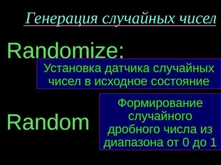 Генерация случайных чисел Random Формирование случайного  дробного числа из диапазона от 0 до