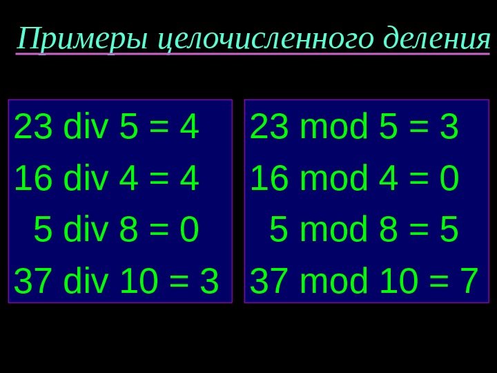 Примеры целочисленного деления 23 div 5 = 4 16 div 4 = 4 