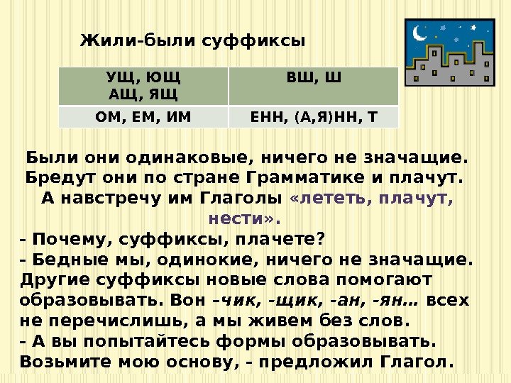 Жили-были суффиксы УЩ, ЮЩ АЩ, ЯЩ ВШ, Ш ОМ, ЕМ, ИМ ЕНН, (А, Я)НН,