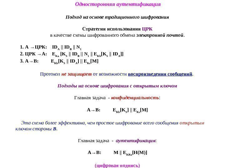  Односторонняя аутентификация Подход на основе традиционного шифрования Стратегия использования ЦРК в качестве схемы