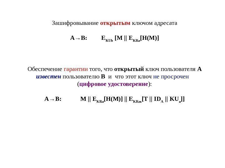 Зашифровывание открытым ключом адресата A→B:   E KUb [M || E KRa [H(M)]