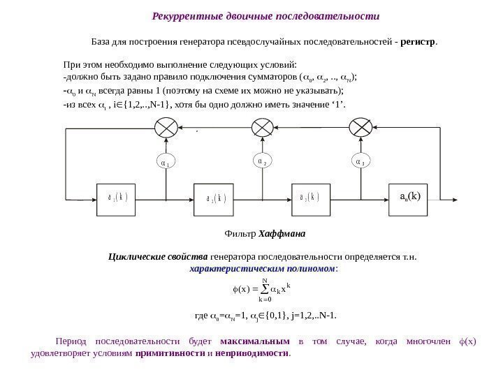   N 0 k kkx)x(Рекуррентные двоичные последовательности База для построения генератора псевдослучайных последовательностей