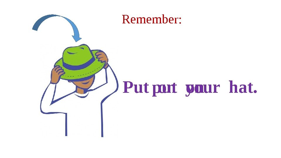 Remember: put on. Put on your hat. 