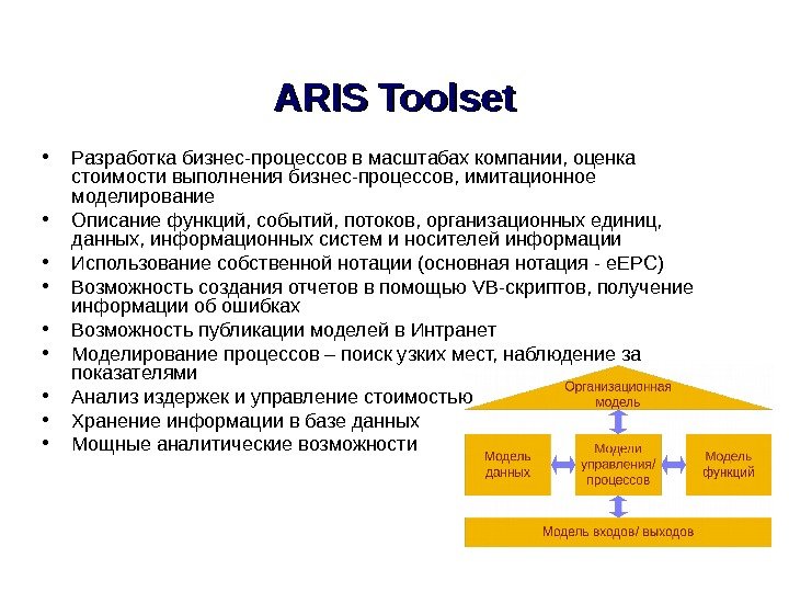 ARIS Toolset • Разработка бизнес-процессов в масштабах компании, оценка стоимости выполнения бизнес-процессов, имитационное моделирование