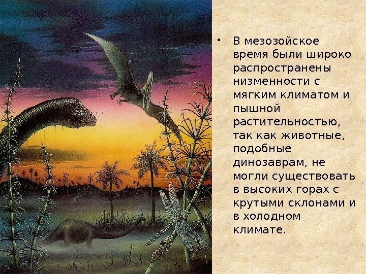  В мезозойское время были широко распространены низменности с мягким климатом и пышной растительностью,