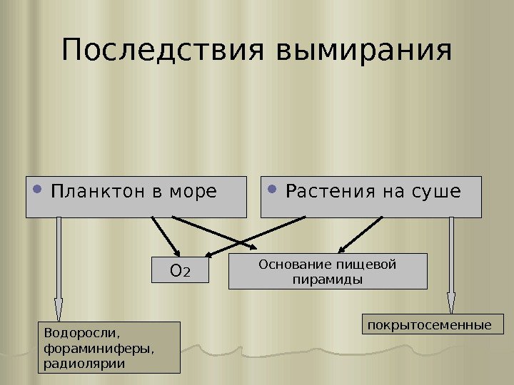 Последствия вымирания Планктон в море Растения на суше О 2 Основание пищевой пирамиды покрытосеменные