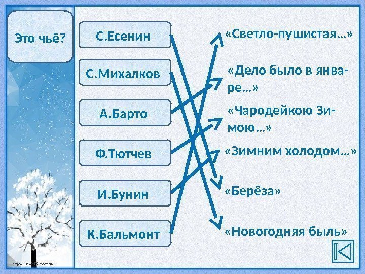 С. Есенин С. Михалков А. Барто Ф. Тютчев И. Бунин К. Бальмонт  «Светло-пушистая…»