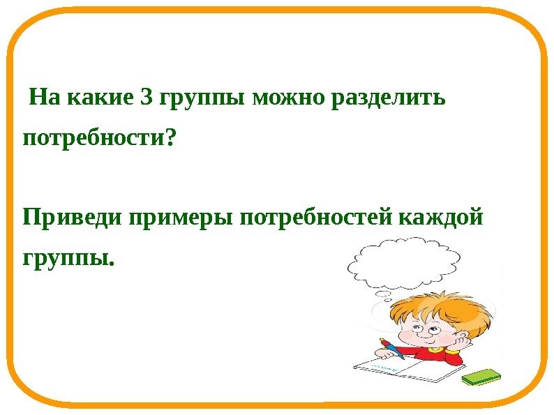  На какие 3 группы можно разделить потребности? Приведи примеры потребностей каждой группы. 