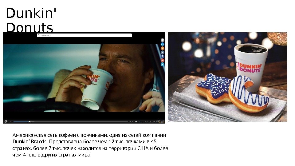 Dunkin' Donuts Американская сеть кофеен с пончиками, одна из сетей компании Dunkin’ Brands. Представлена