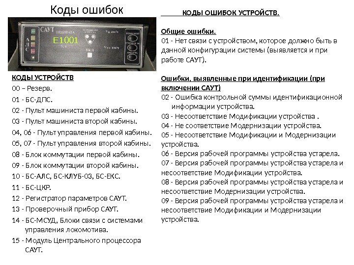 Коды ошибок КОДЫ УСТРОЙСТВ 00 – Резерв. 01 - БС-ДПС. 02 - Пульт машиниста