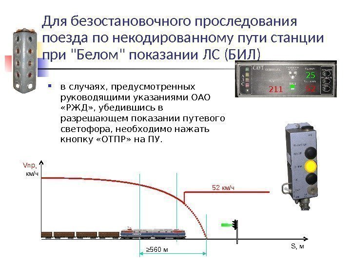 Для безостановочного проследования поезда по некодированному пути станции при Белом показании ЛС (БИЛ) в