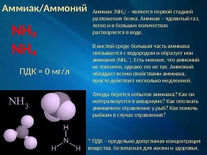 Аммиак/Аммоний NH₃ NH₄ ПДК = 0 мг/л * ПДК – предельно допустимая концентрация вещества,