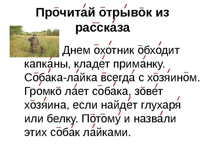 Прочитай отрывок из рассказа   Днем охотник обходит капканы, кладет приманку.  Собака-лайка