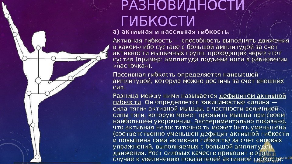 РАЗНОВИДНОСТИ ГИБКОСТИ а) активная и пассивная гибкость.  Активная гибкость — способность выполнять движения