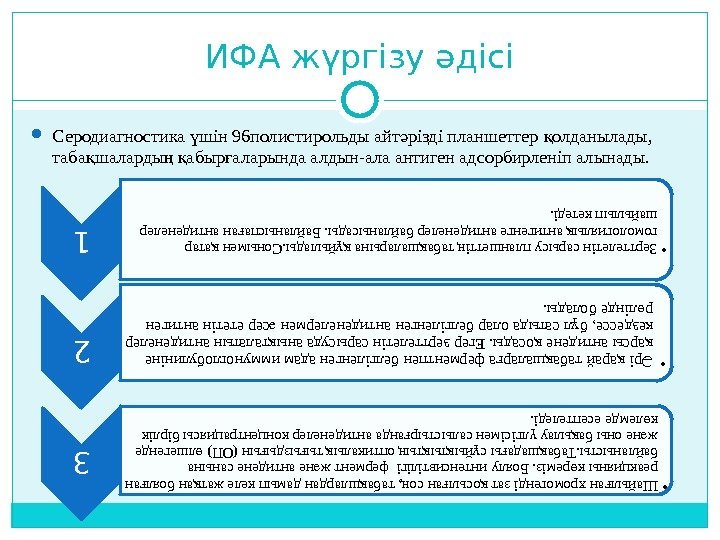 ИФА жүргізу әдісі Серодиагностика шін 96 полистирольды айт різді планшеттер олданылады, ү ә қ