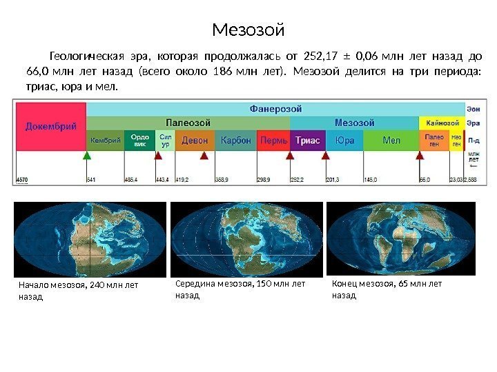 Мезозой Геологическая эра,  которая продолжалась от 252, 17 ± 0, 06 млн лет