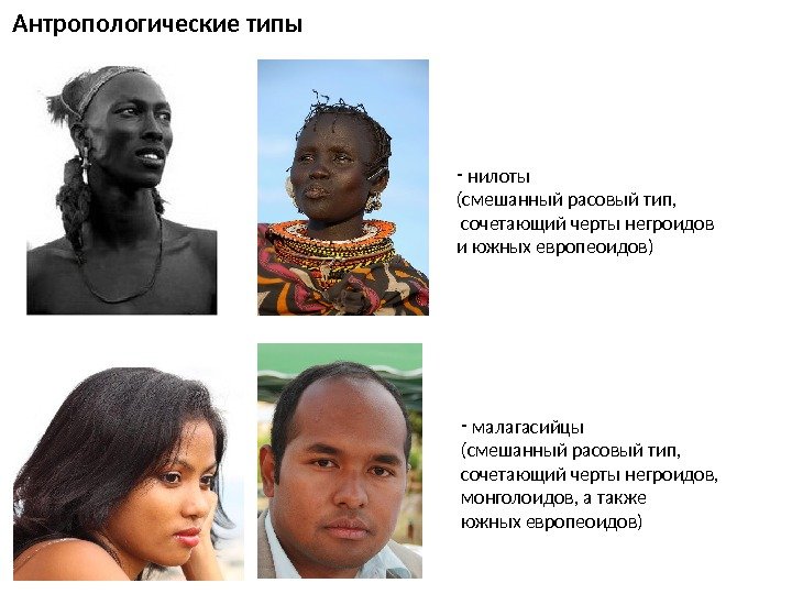 Антропологические типы -  малагасийцы (смешанный расовый тип,  сочетающий черты негроидов,  монголоидов,