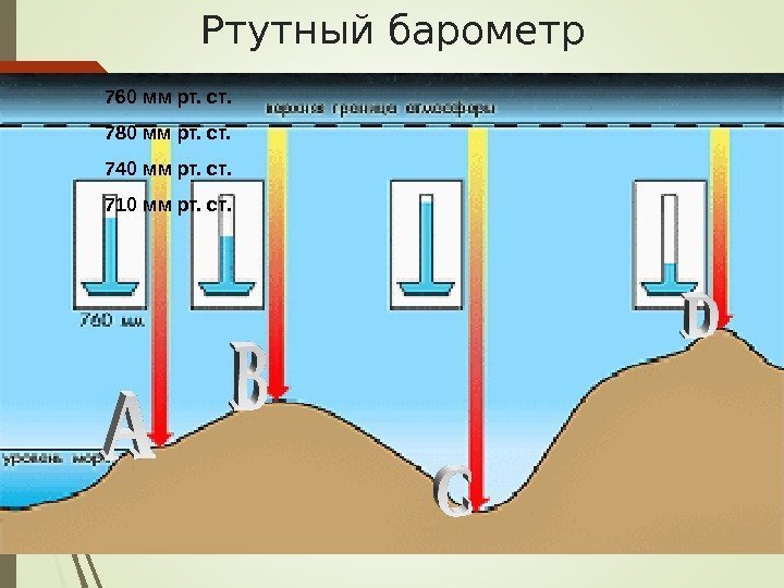  Ртутный барометр 760 мм рт. ст. 780 мм рт. ст. 740 мм рт.