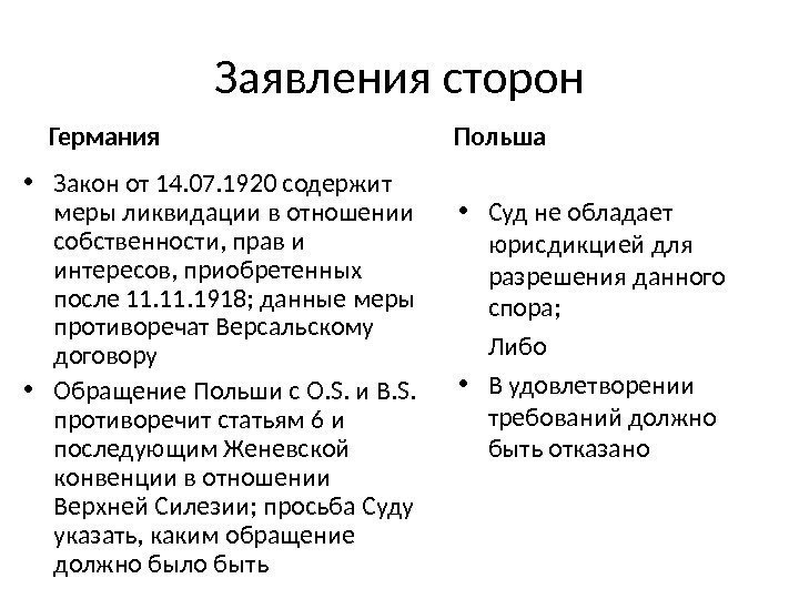 Заявления сторон Германия • Закон от 14. 07. 1920 содержит меры ликвидации в отношении