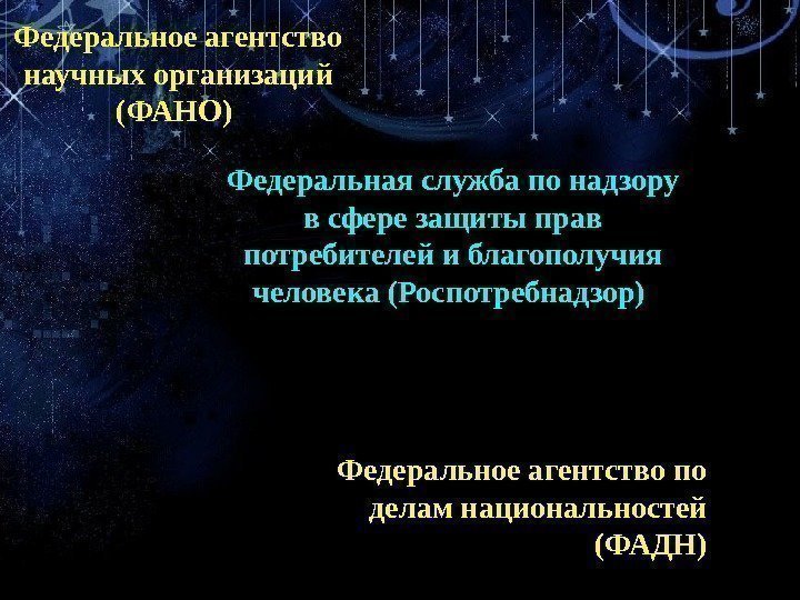 Федеральное агентство научных организаций (ФАНО) Федеральное агентство по делам национальностей (ФАДН)Федеральная служба по надзору