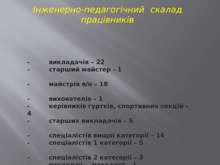 Інженерно-педагогічний  скалад працівників -викладачів – 22 - старший майстер - 1 -майстрів в/н