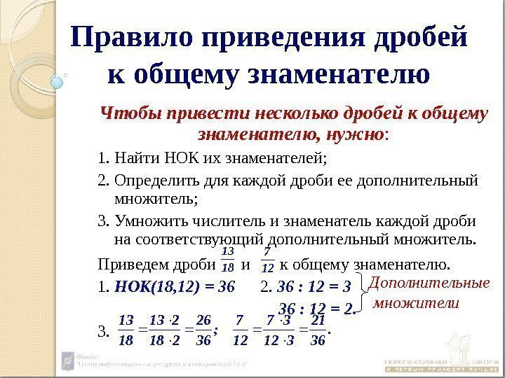 Правило приведения дробей к общему знаменателю Чтобы привести несколько дробей к общему знаменателю, нужно