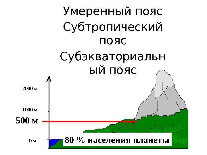 Умеренный пояс Субтропический пояс Субэкваториальн ый пояс 0 м 500 м 2000 м 1000