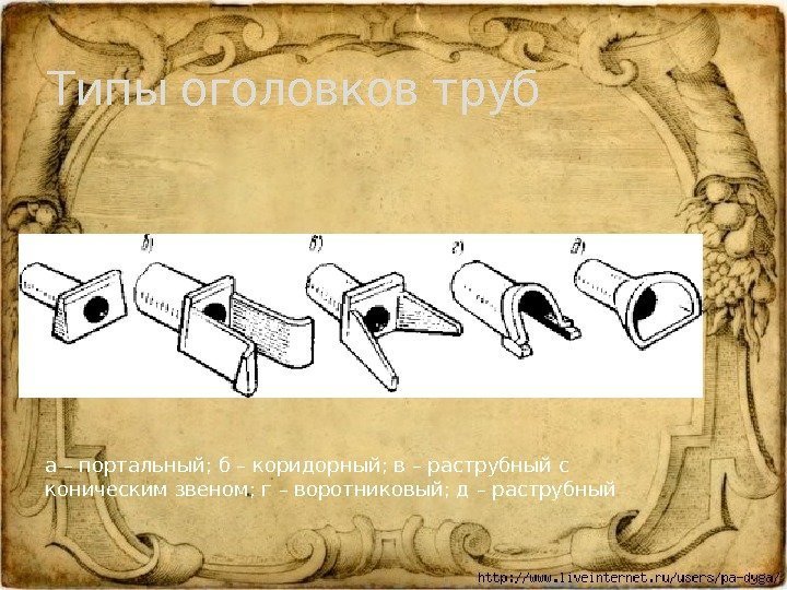 Типы оголовков труб а – портальный; б – коридорный; в – раструбный с коническим