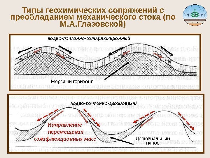 Типы геохимических сопряжений с преобладанием механического стока (по М. А. Глазовской) Мерзлый горизонтводно-почвенно-солифлюкционный Делювиальный
