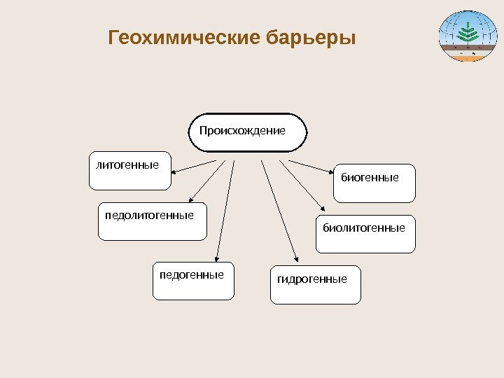 Геохимические барьеры Происхождение биогенные педогенныепедолитогенные гидрогенные биолитогенные 