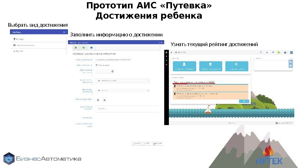 Прототип АИС «Путевка» Достижения ребенка Выбрать вид достижения Заполнить информацию о достижении Узнать текущий