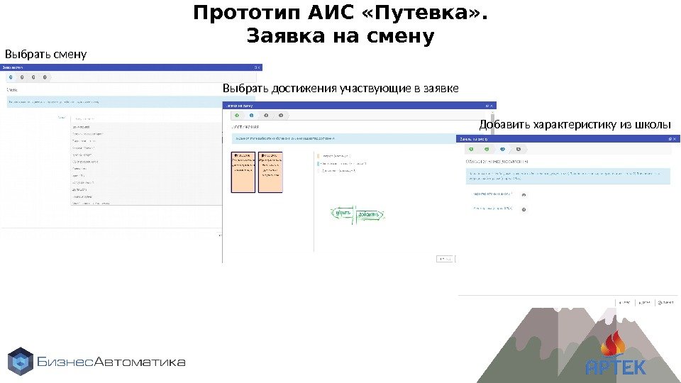 Прототип АИС «Путевка» . Заявка на смену Выбрать достижения участвующие в заявке Добавить характеристику