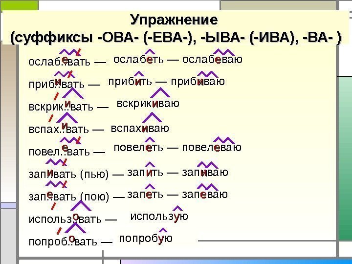 Упражнение (суффиксы -ОВА- (-ЕВА-), -ЫВА- (-ИВА), -ВА- ) ослаб. . вать — приб. .