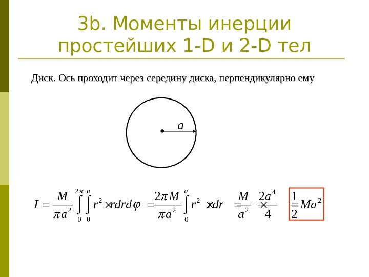 3 b. Моменты инерции простейших 1 - D и 2 -D тел Диск. Ось