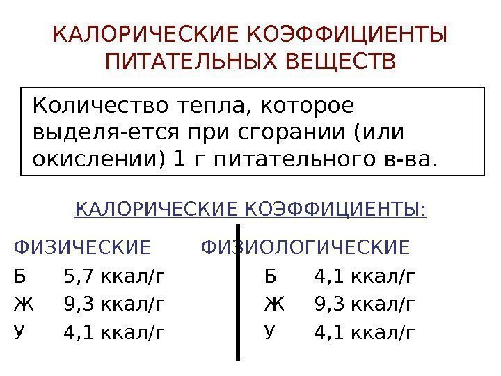   КАЛОРИЧЕСКИЕ КОЭФФИЦИЕНТЫ ПИТАТЕЛЬНЫХ ВЕЩЕСТВ Количество тепла, которое выделя-ется при сгорании (или окислении)