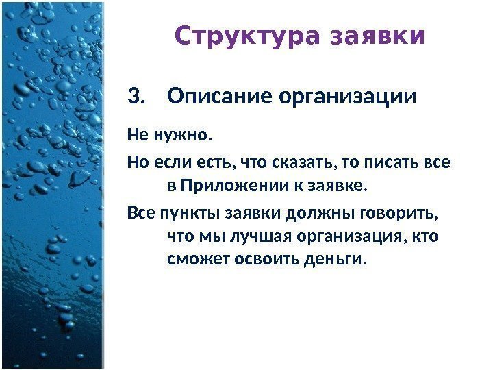 Структура заявки 3. Описание организации Не нужно.  Но если есть, что сказать, то