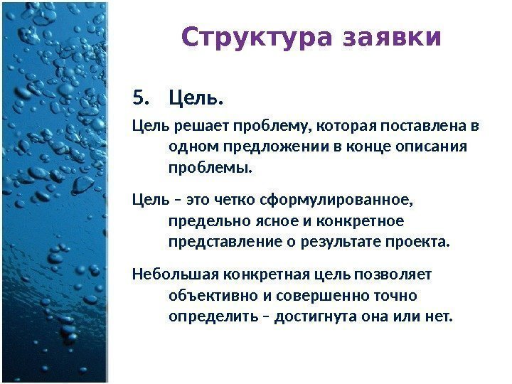 Структура заявки 5. Цель решает проблему, которая поставлена в одном предложении в конце описания