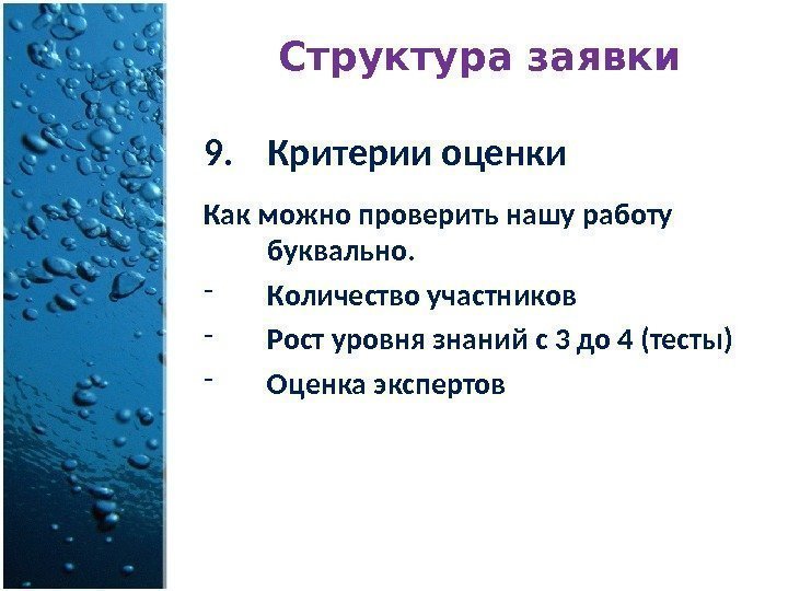 Структура заявки. Критерии оценки Как можно проверить нашу работу буквально. - Количество участников -