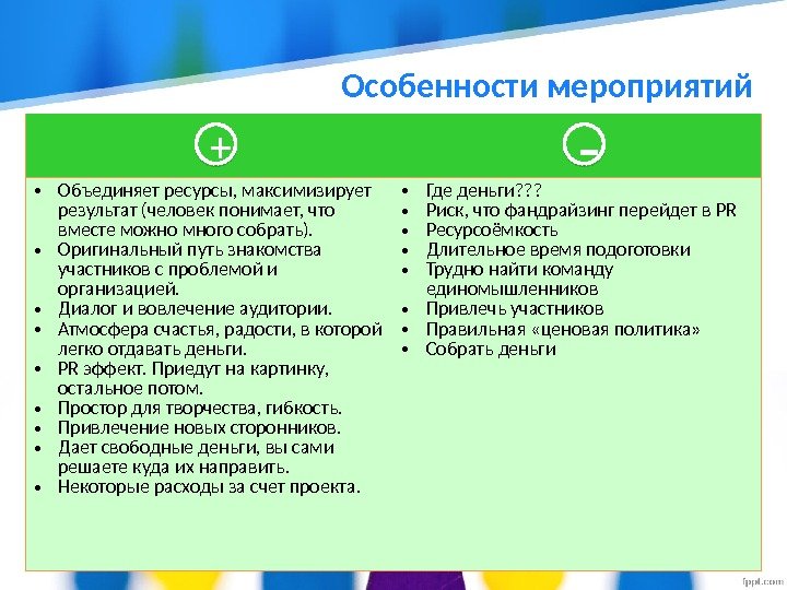 Особенности мероприятий • Объединяет ресурсы, максимизирует результат (человек понимает, что вместе можно много собрать).