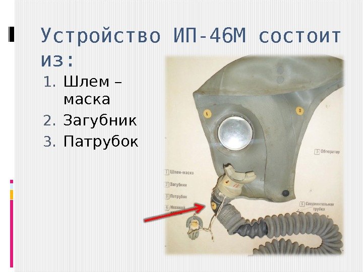 Устройство ИП-46 М состоит из: 1. Шлем – маска 2. Загубник 3. Патрубок 