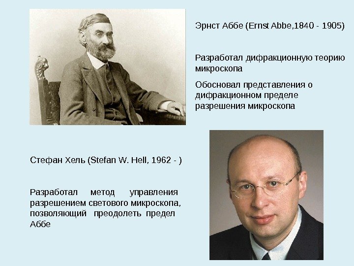 Эрнст Аббе ( Ernst Abbe, 1840 - 1905) Разработал дифракционную теорию микроскопа Обосновал представления