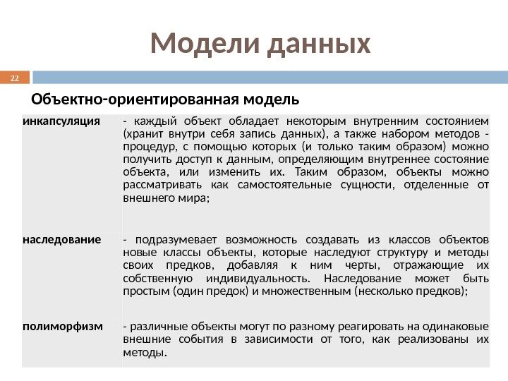 Модели данных инкапсуляция - каждый объект обладает некоторым внутренним состоянием (хранит внутри себя запись