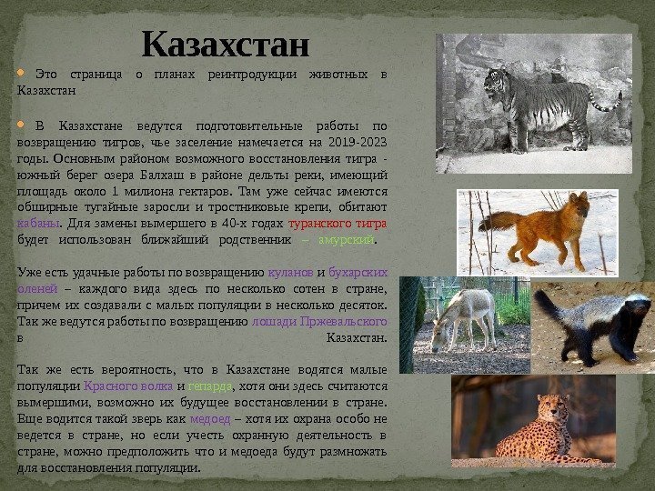  Это страница о планах реинтродукции животных в Казахстан В Казахстане ведутся подготовительные работы