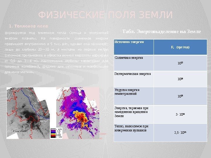 ФИЗИЧЕСКИЕ ПОЛЯ ЗЕМЛИ 1. Тепловое поле формируется под влиянием тепла Солнца и внутренней энергии